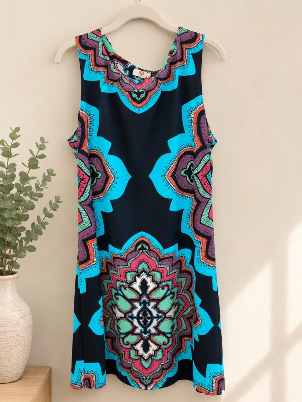 Aryeh Black Dress with Turquoise and Pink Medallion Print